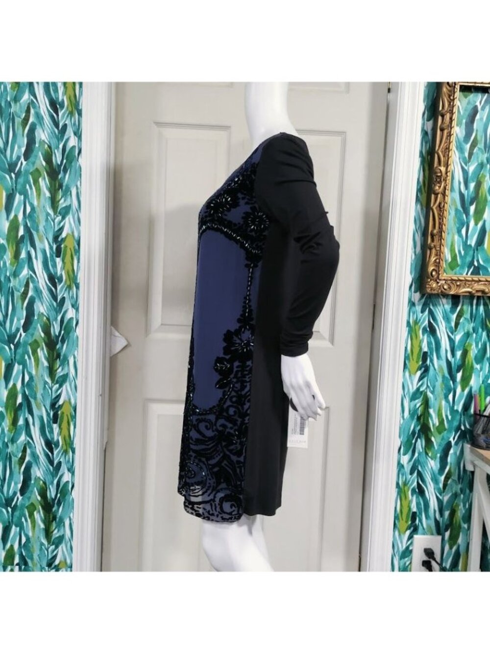 NWT Hale Bob Beaded Elisa Velvet Dress Burnout Long Sleeve Shift Blue Women's XS - Picture 6 of 14